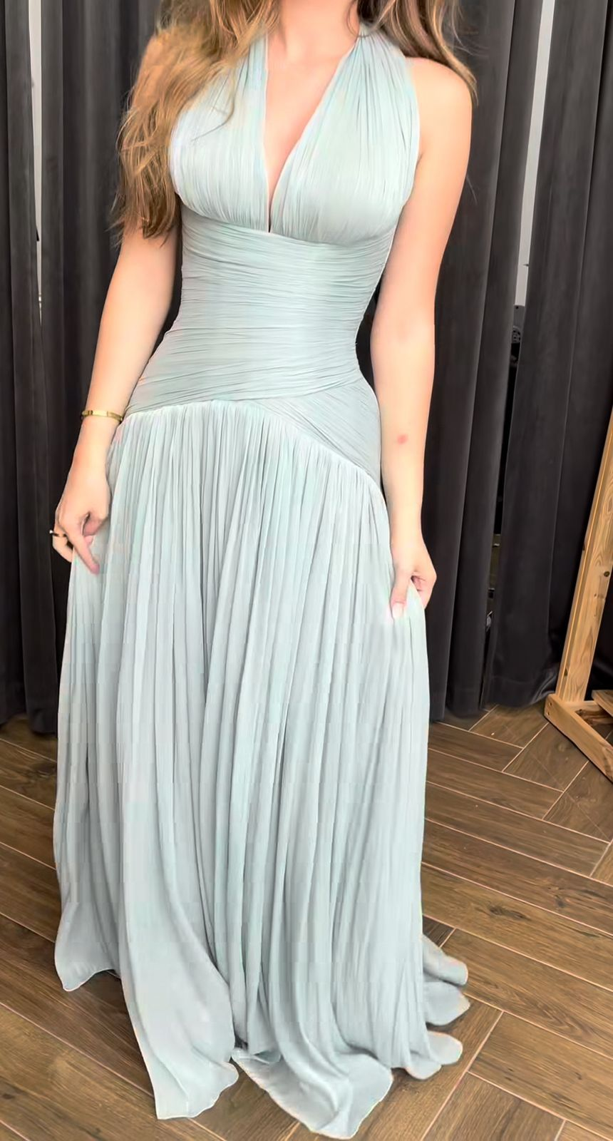 Elegant Blue Halter V Neck Chiffon Pleated Mermaid Evening Dress Long Wedding Guest Dress