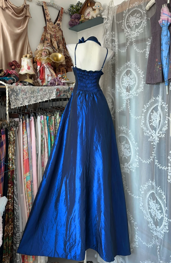 Retro Royal Blue Satin Bow A Line Long Birthday Party Dress Prom Gown