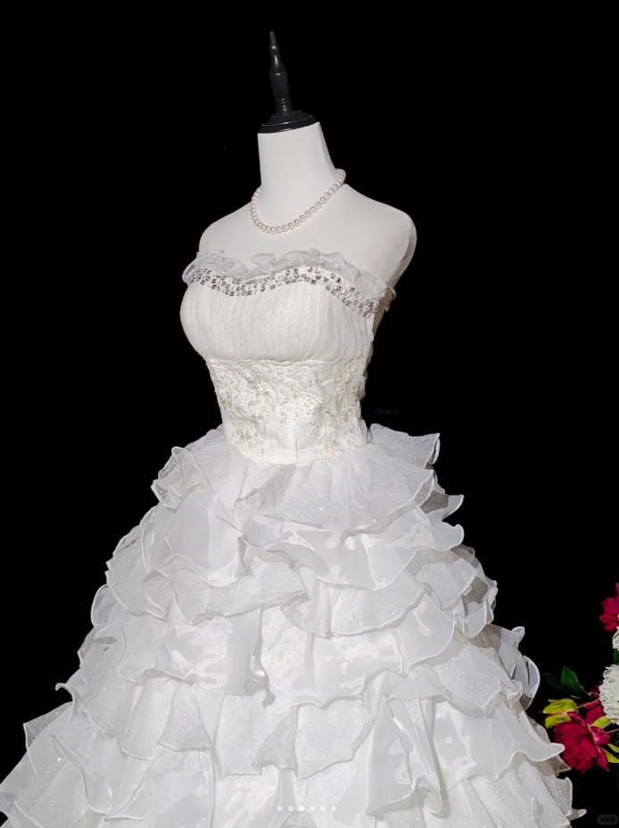 Glamorous Strapless Beaded White Chiffon Ruffles Layered Long Wedding Dress Formal Bridal Gowns - View 2 | FashionDia