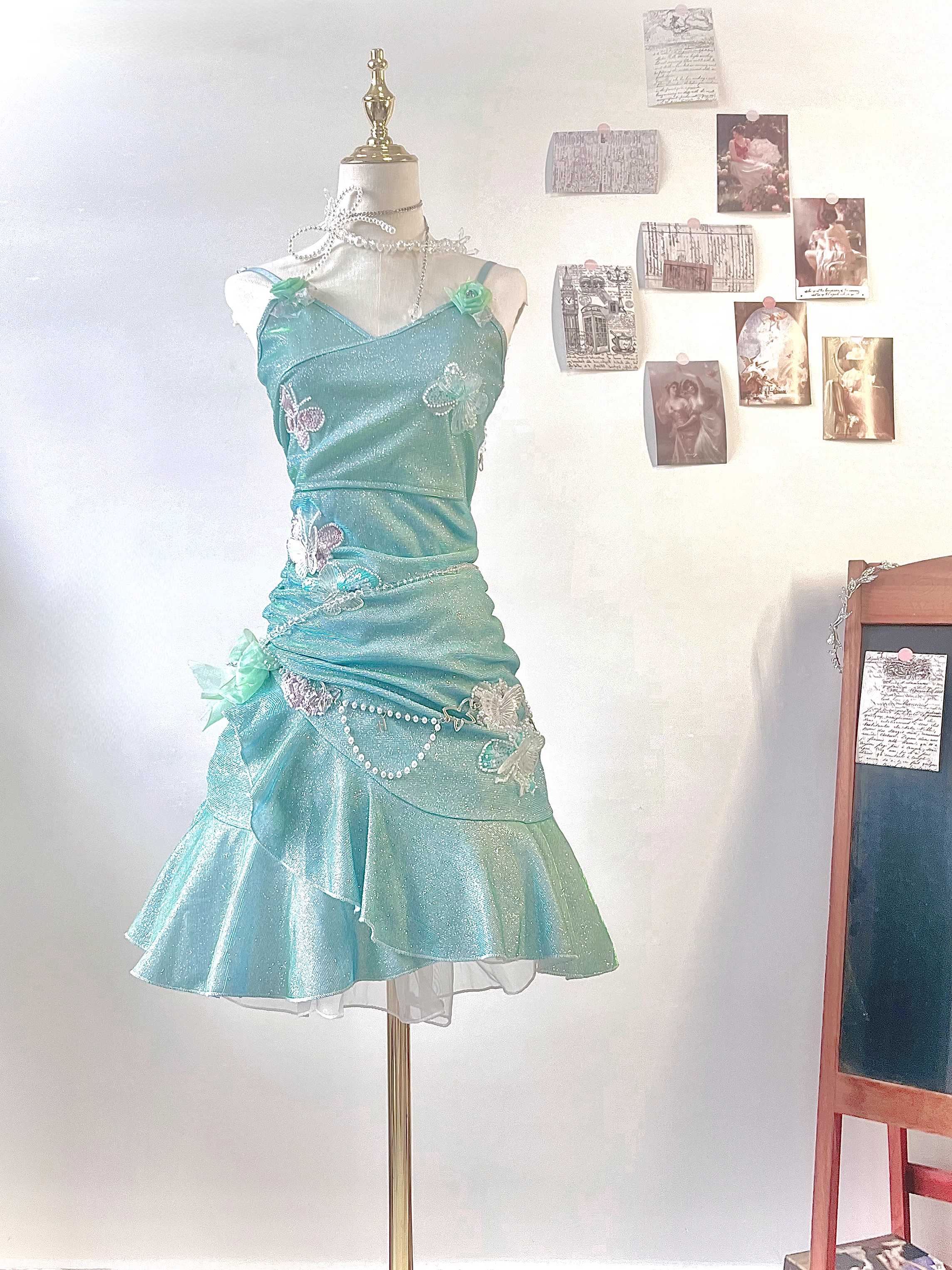 Glitter Mint Green Spaghetti Straps Sequin Ruffles Birthday Outfits Graduation Homecoming Dress S611