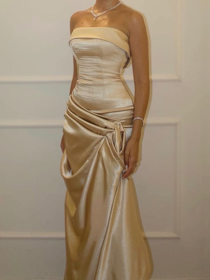 Trendy Champagne Strapless Satin Pleated Mermaid Evening Dress Formal Wedding Guest Dress - FashionDia