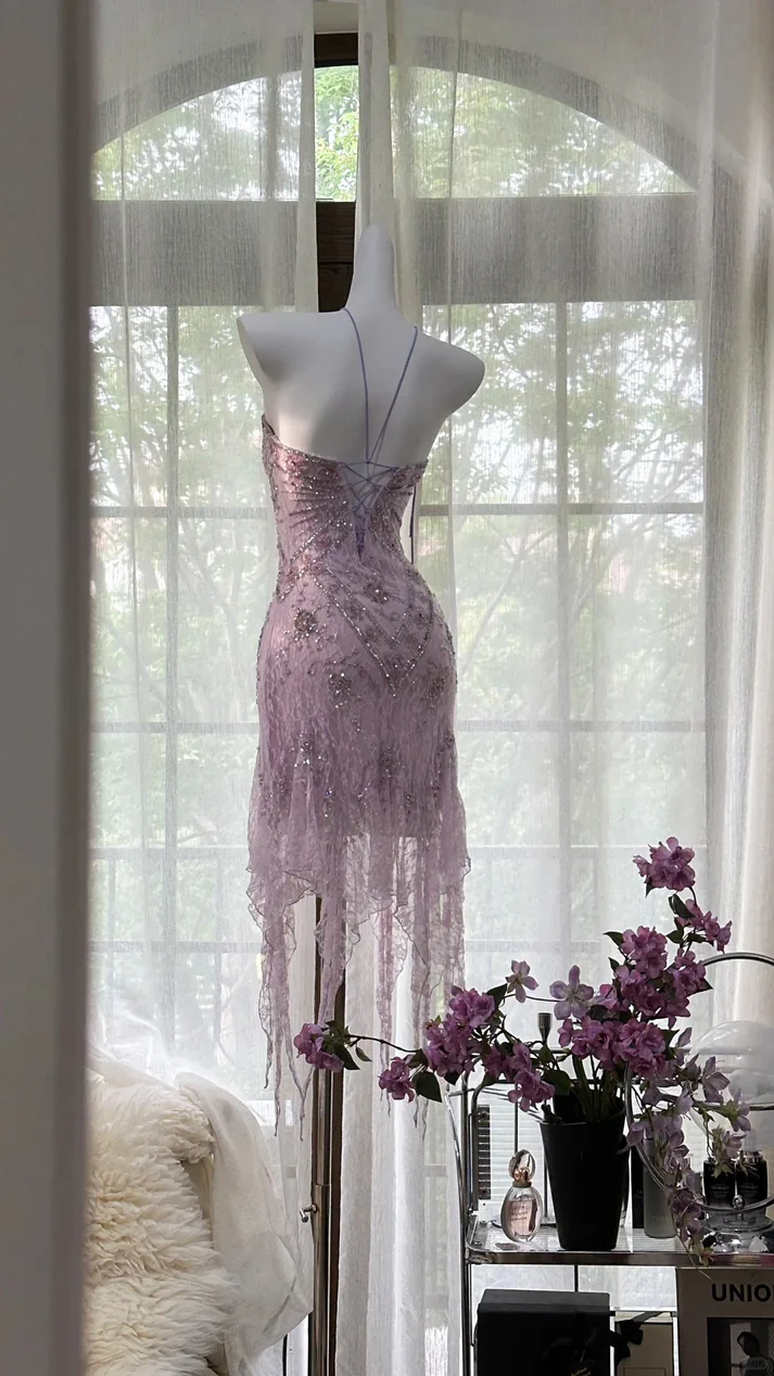 Pretty Lilac Lace Beaded Birthday Outfits Strapless Short Graduation Homecoming Dress S676