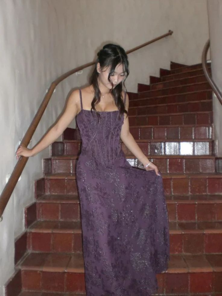 Charming Spaghetti Straps Purple Lace Print Floral A Line Long Wedding Guest Dress Formal Birthday Party Dress