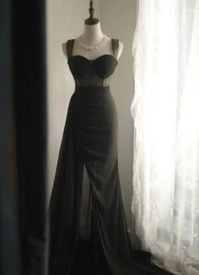 Vintage Green Spaghetti Straps Satin Beaded Mermaid Slit Long Evening Dress Party Gown