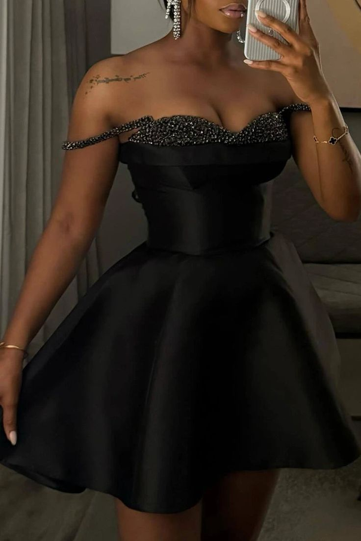 Sexy Spaghetti Straps Sweetheart Neck Black Satin Beaded A-Line Homecoming Dress Short Prom Dress - View 3 | FashionDia