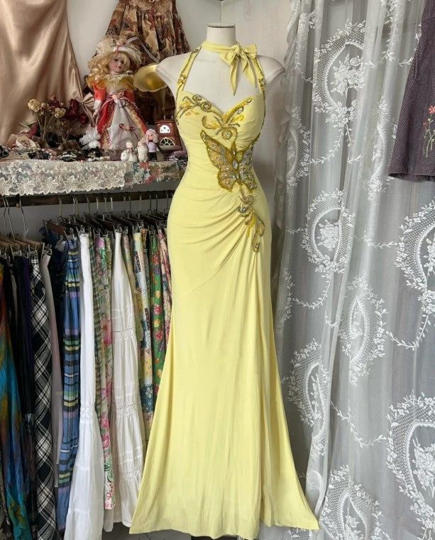 Elegant Yellow Halter Satin Beaded Sequins Evening Dress,Long Mermaid Party Prom Dress
