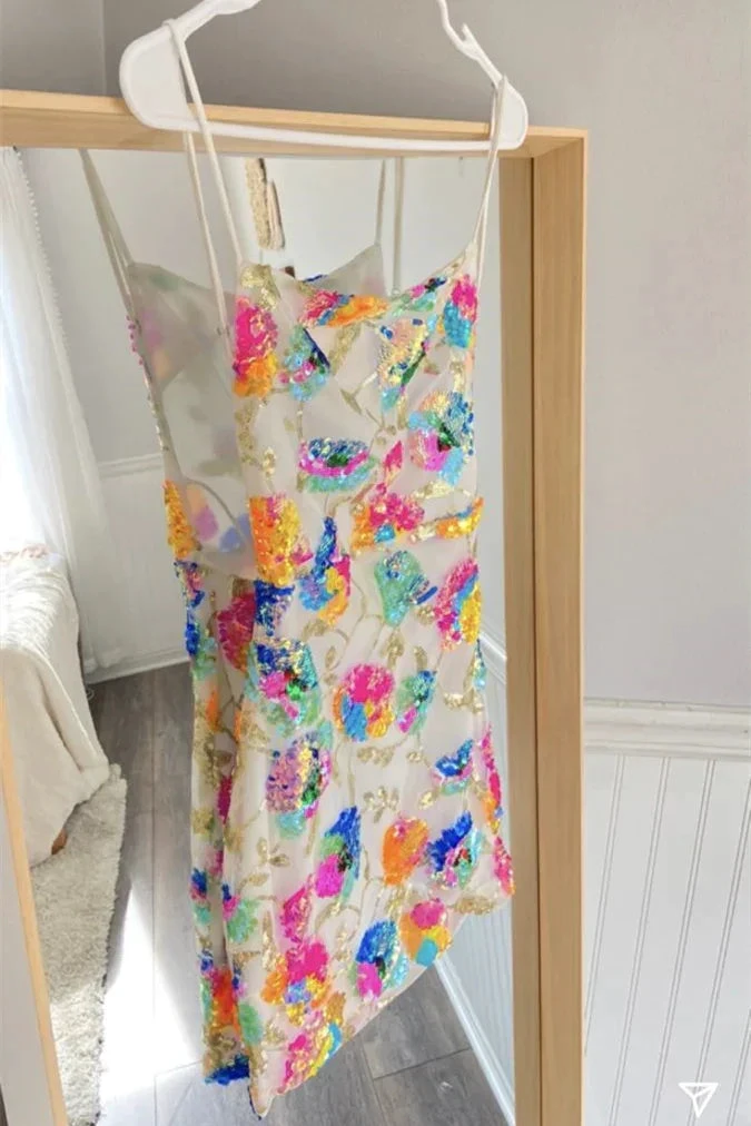 White Multi-Colors Sequins Backless Straps Sheath Homecoming Dress (ZD11839)