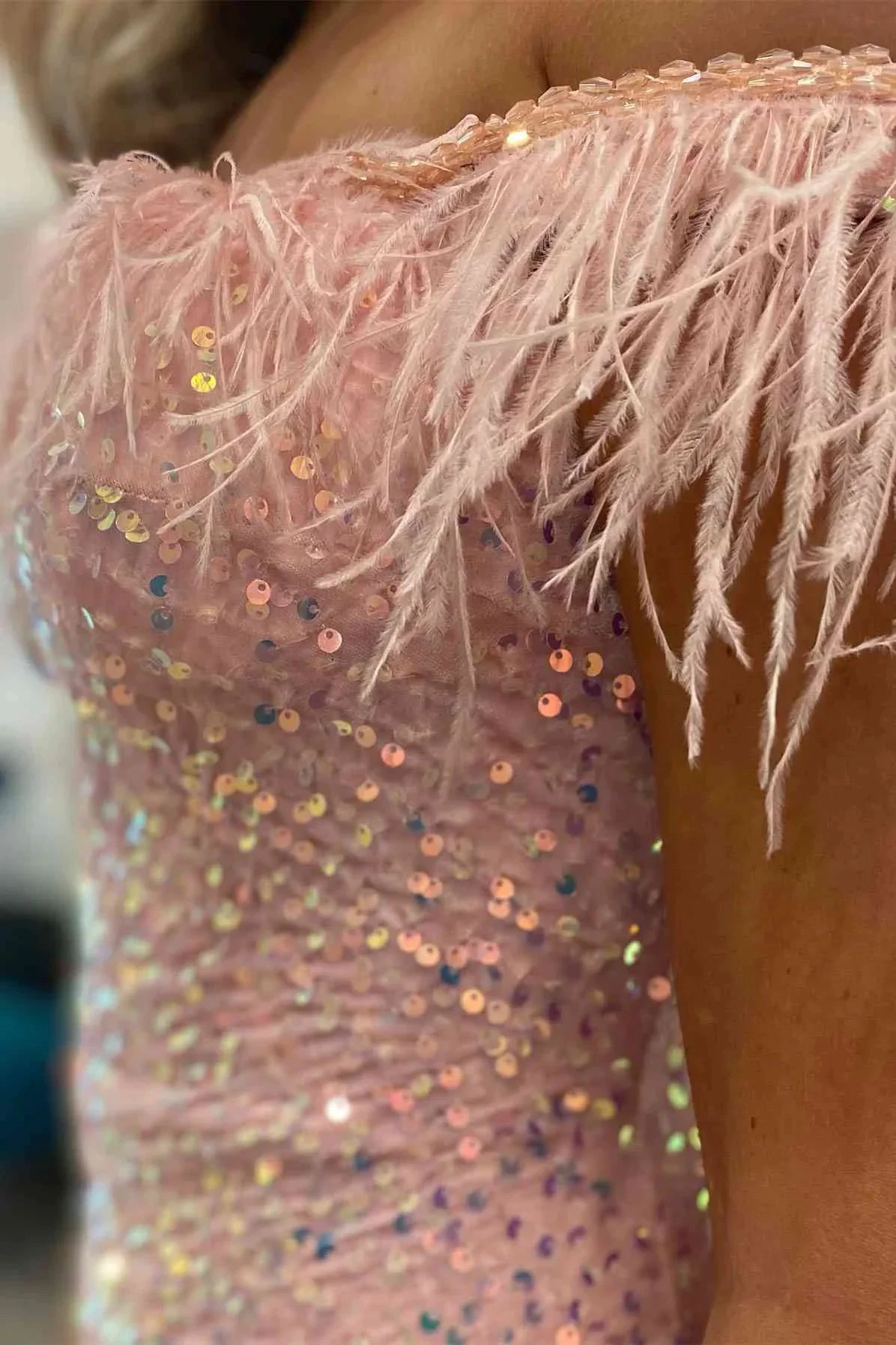 Short Sequin Off the Shoulder Pink Feather Bodycon Homecoming Dress (ZD11869)