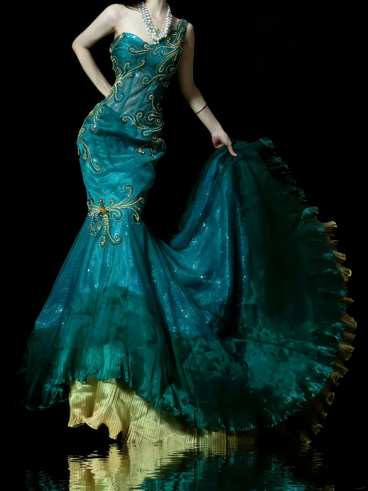 Gorgeous One Shoulder Green Tulle Sequin Beaded Mermaid Evening Dress Green Long Party Dress D4886