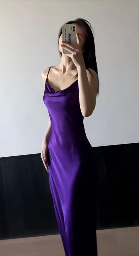 Chic Sheath Straps Grape Satin Long Prom Dress Evening Dress