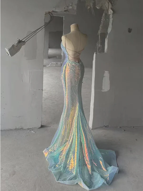 Sparkly Spaghetti Straps Sequins Mermaid V-neck Backless Long Prom Dresses Evening Dresses Y7804 - View 3 | VelvetHem