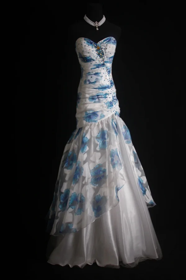 Elegant Sweetheart Neck Blue Tulle Print Floral Mermaid Long Prom Dresses Birthday Party Dress