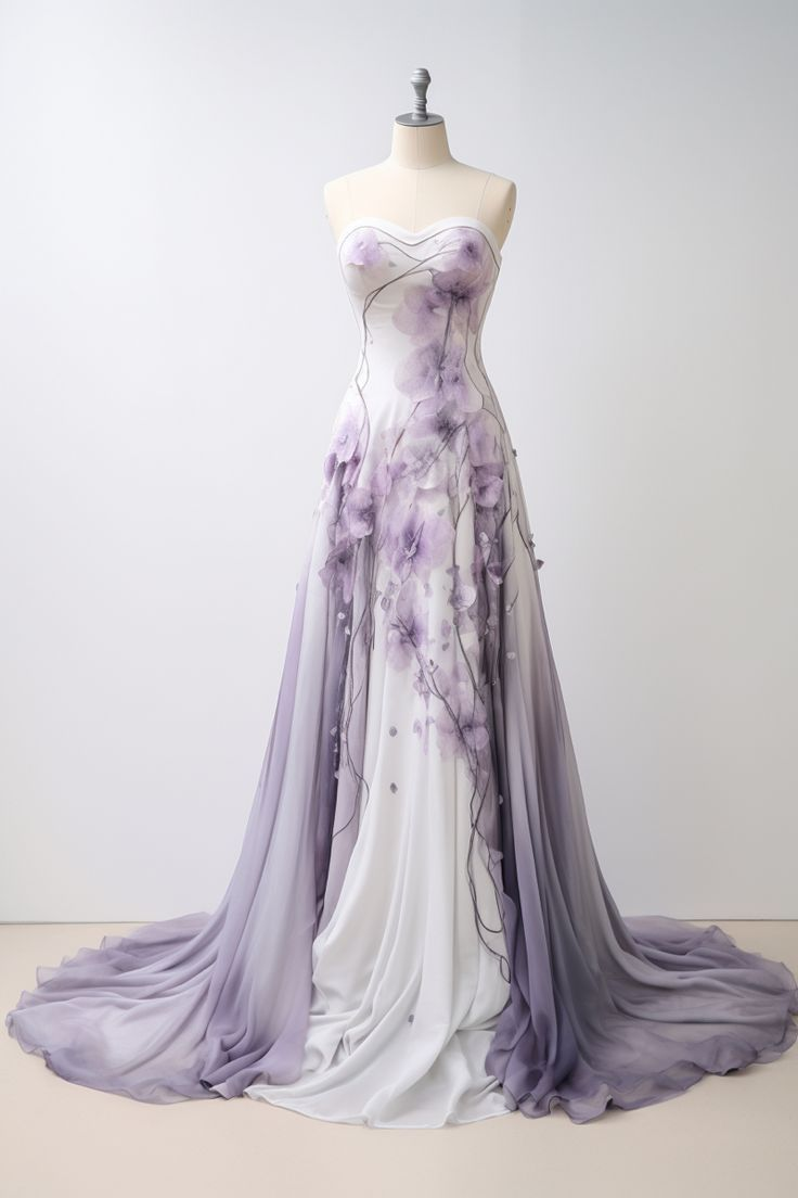 Elegant Strapless Ball Gown Ombre Lilac Chiffon Prom Evening Dress