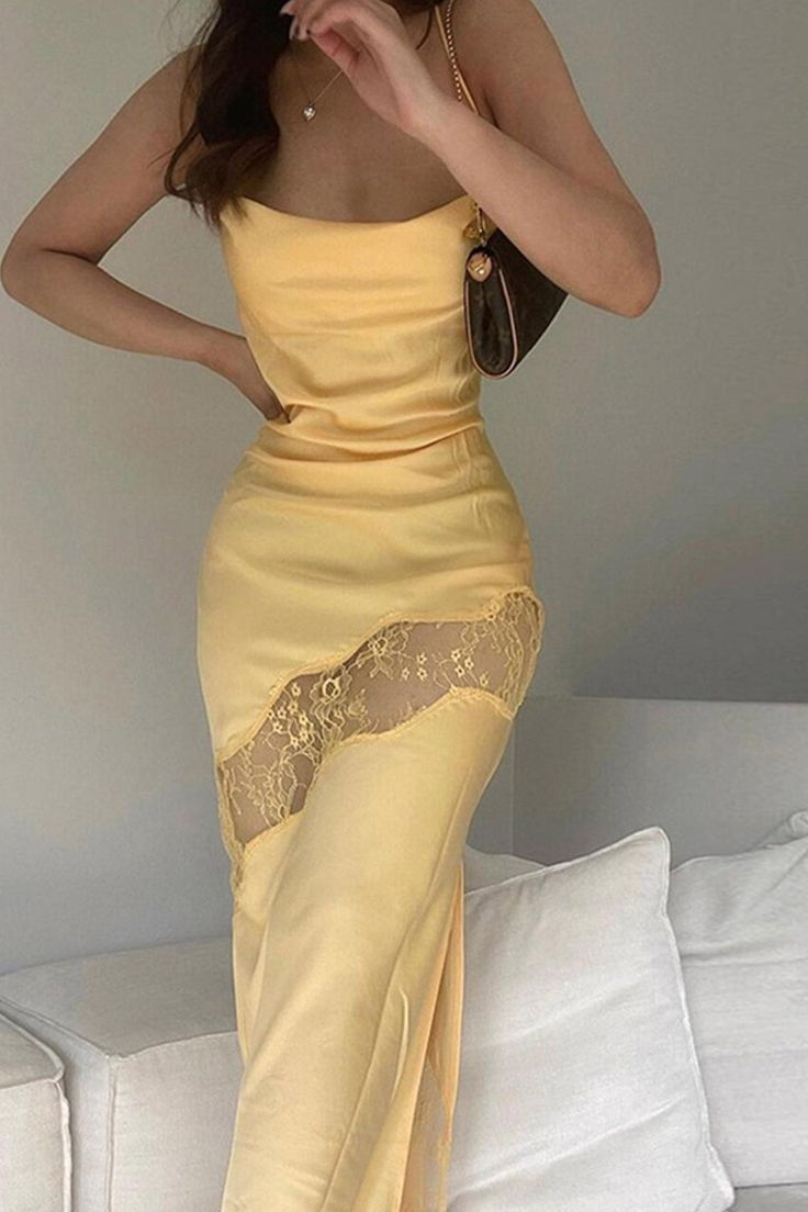 Classy Mermaid Straps Yellow Lace Hollow Out Long Prom Dress Birthday Dress