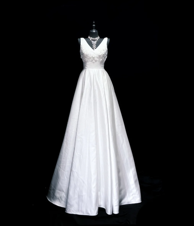 Classy V-Neck White Satin Appliques Long Wedding Dress Formal Bridal Dress - FashionDia