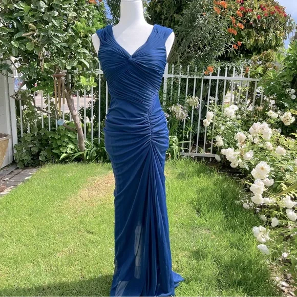 Vintage Mermaid Navy Blue Pleated Floor Length Party Dress Prom Dress