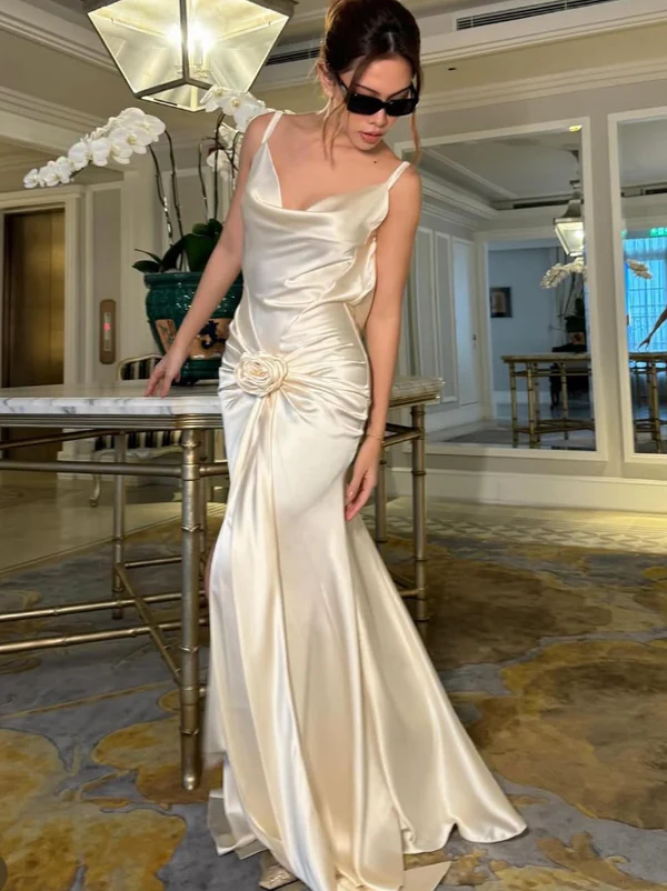 Classy White Satin Pleated Mermaid Wedding Dress,Backless Slit Party Evening Dress
