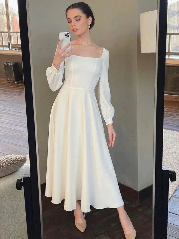 Classic White Square Neckline Wedding Dress,White Engagement Dress Y5479 by simplepromdress