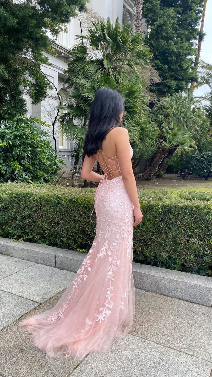 Pink Mermaid Lace Tulle Prom Dress Lace-up Back Evening Dress