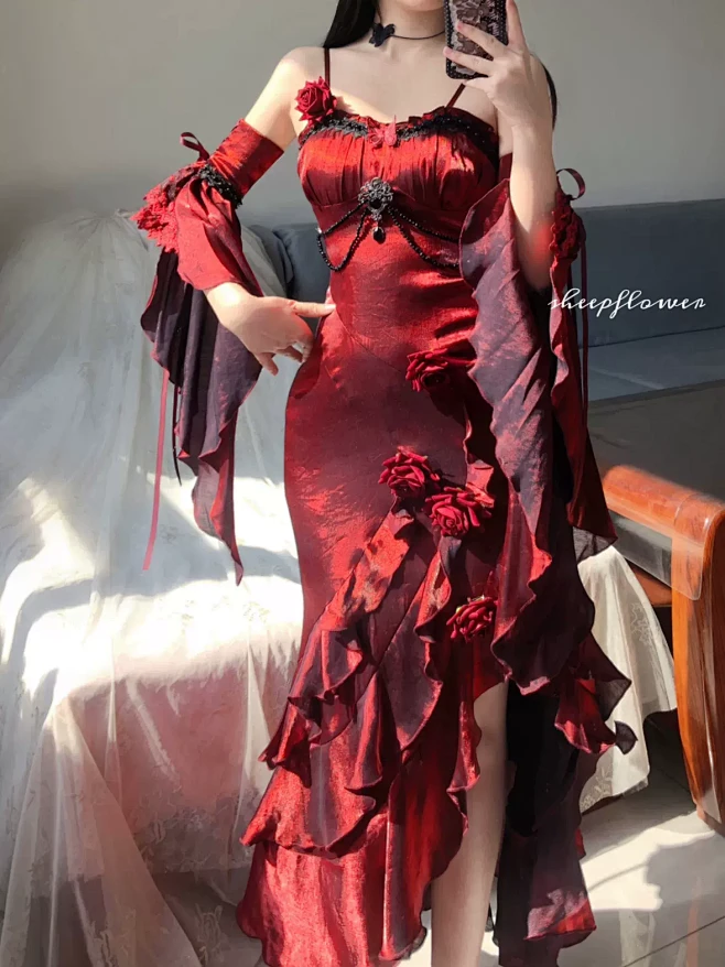 Vintage High-Low Spaghetti Straps Floor-Length Burgundy Flowers Prom Dresses Birthday Dress - View 7 | FashionDia