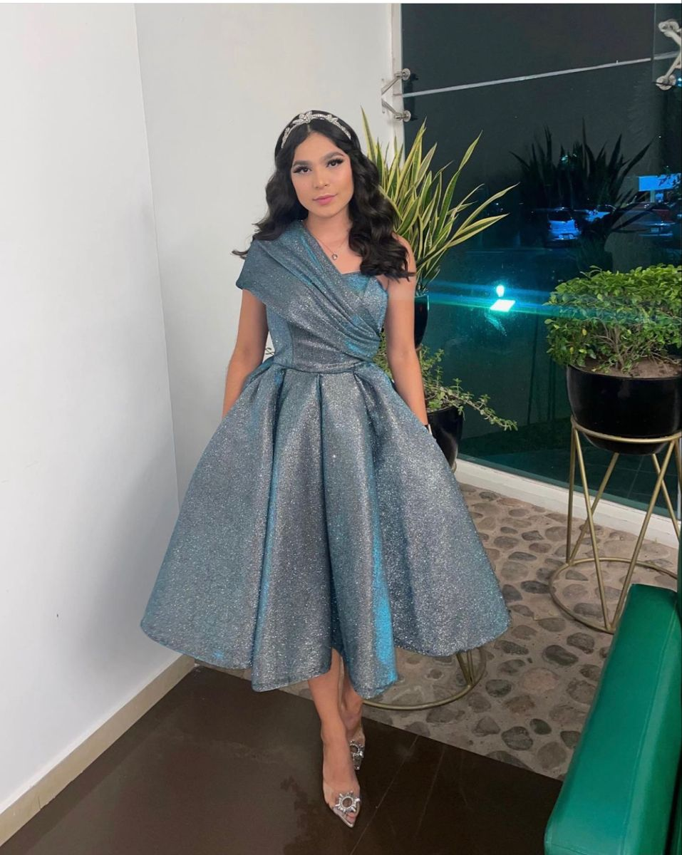 Shiny Blue One Shoulder Midi-length Evening Dress Y4970 - View 2 | VelvetHem