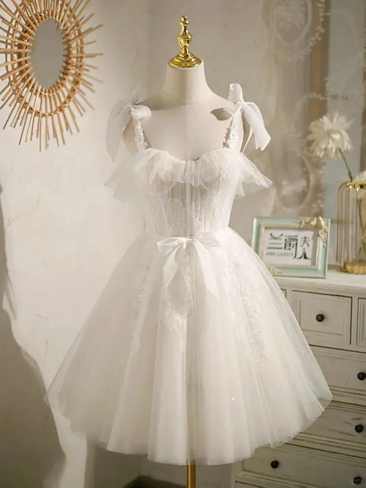 Cute White Tulle Lace A Line Short 18th Princess Birthday Outfits Formal Homecoming Dress