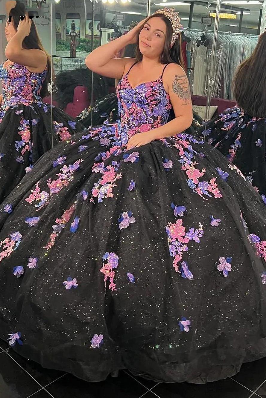 Unique Ball Gown Sweetheart Neck Spaghetti Straps 3D Floral Lace Appliques Beaded Black Tulle Quinceanera Dress Birthday Party Gown For Sweet 16