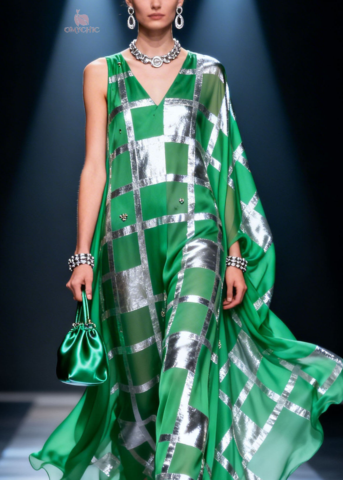 Unique Green V Neck Asymmetrical Design Print Chiffon Maxi Dresses Summer