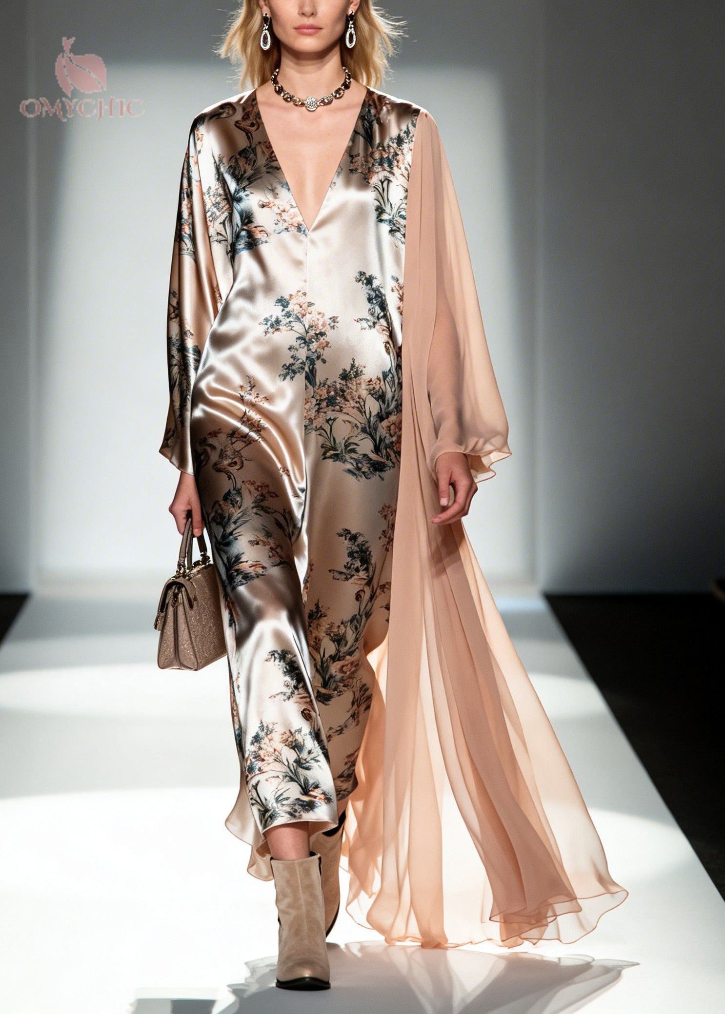 Unique Khaki Asymmetrical Patchwork Print Silk Long Dress Summer