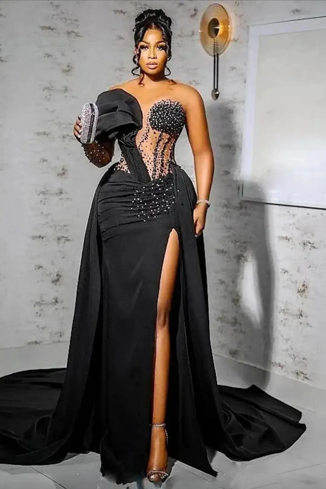 Unique One Shoulder Emerald Green High Split Floor length Prom Dresses