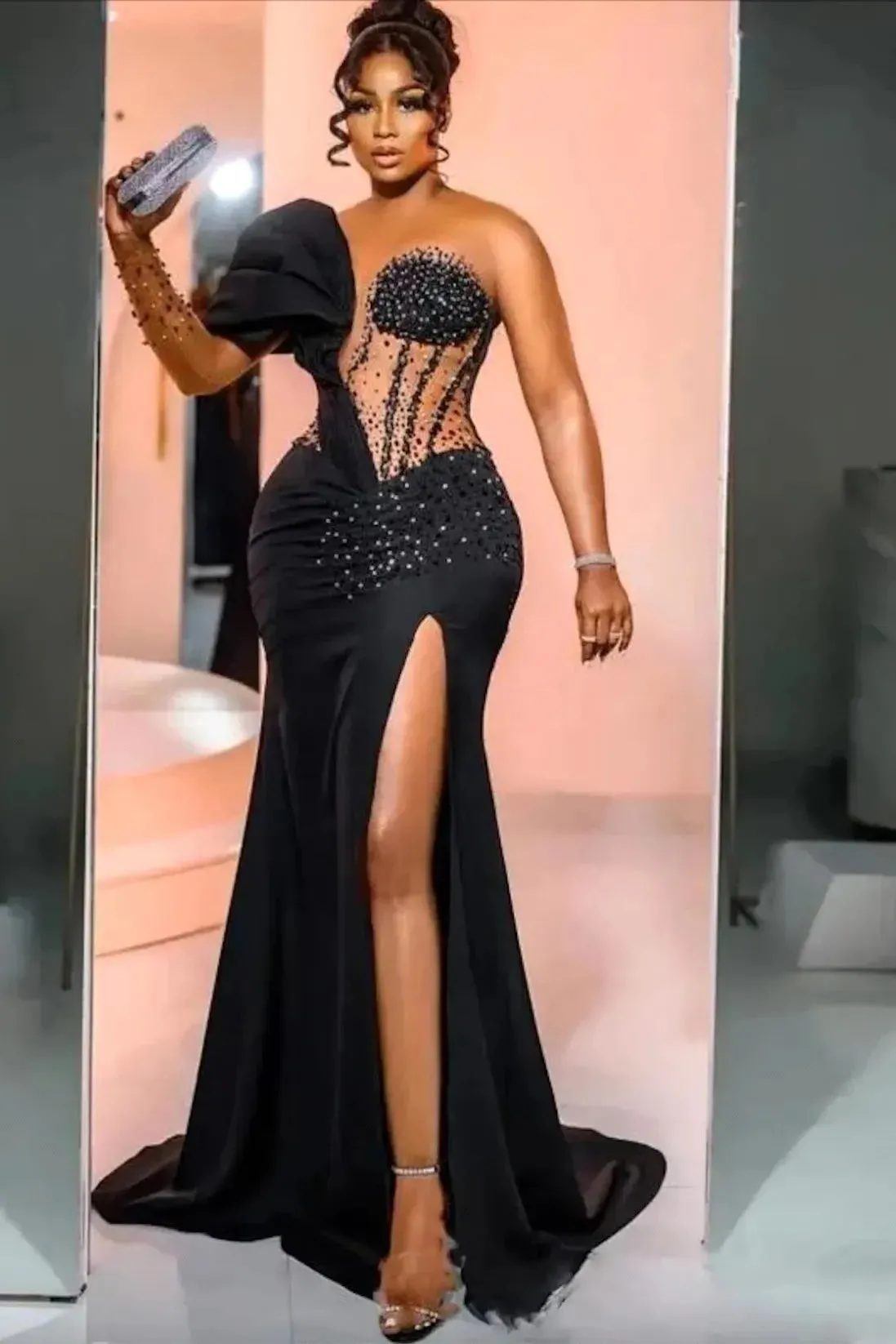 Unique One Shoulder Emerald Green High Split Floor length Prom Dresses