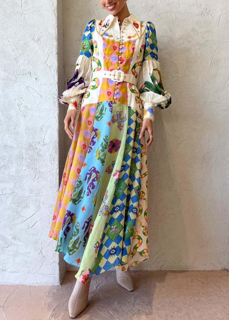 Unique Peter Pan Collar Button Print Patchwork Linen Maxi Dresses Spring