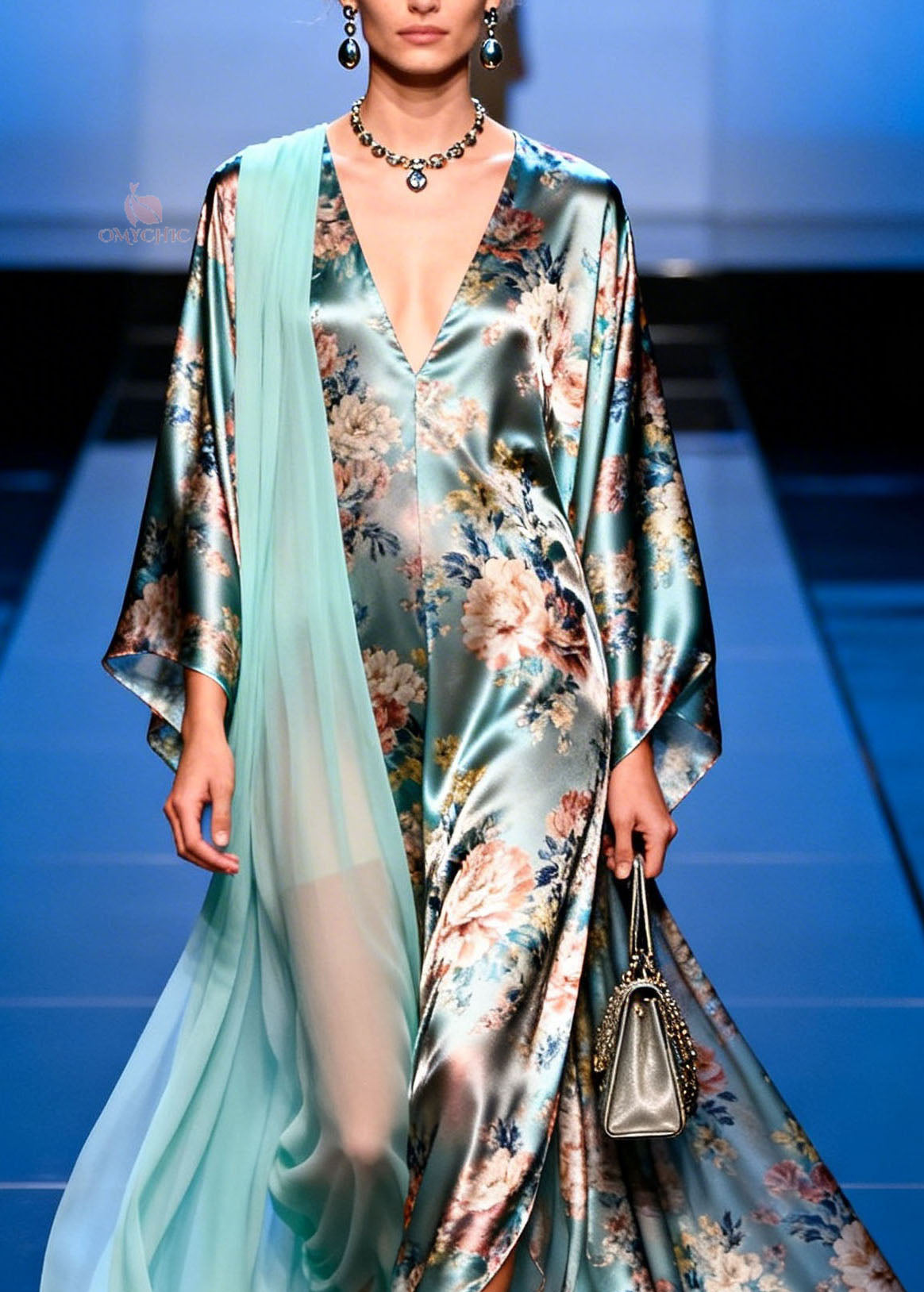 Unique V Neck Asymmetrical Design Patchwork Print Silk Dress Spring