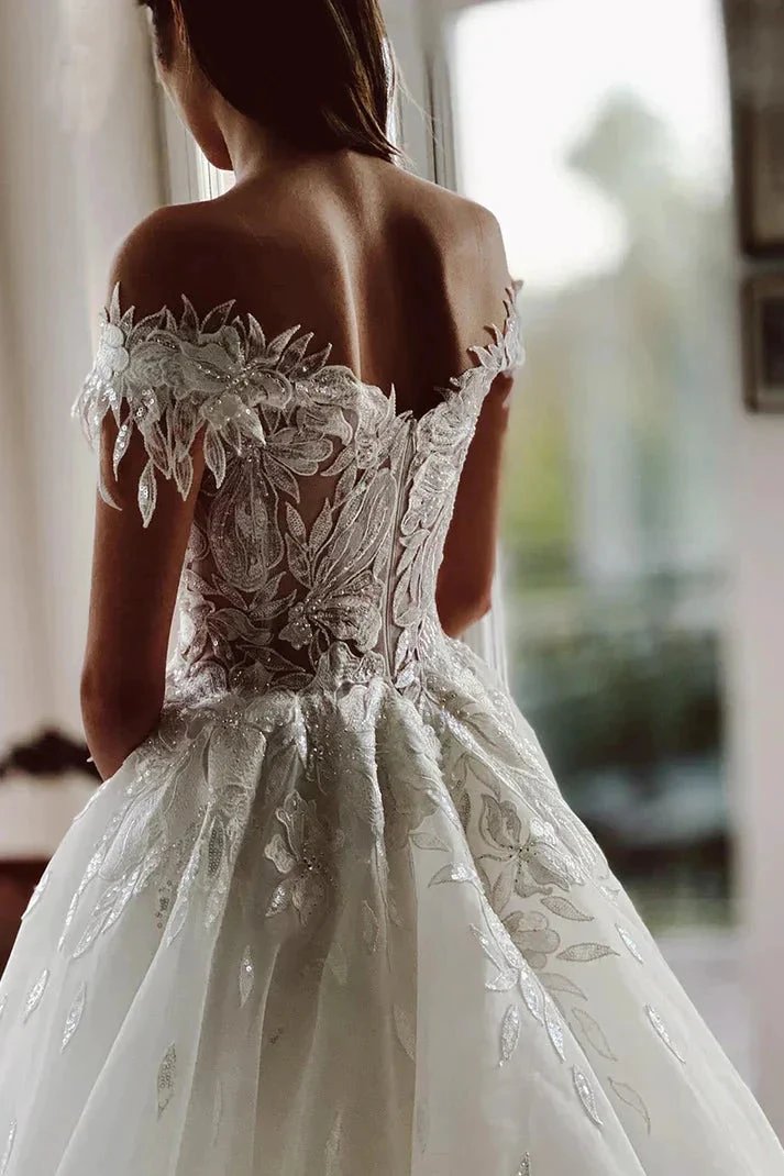 Unique Off The Shoulder Appliques Rustic Lace Wedding Dress (ZD16141)