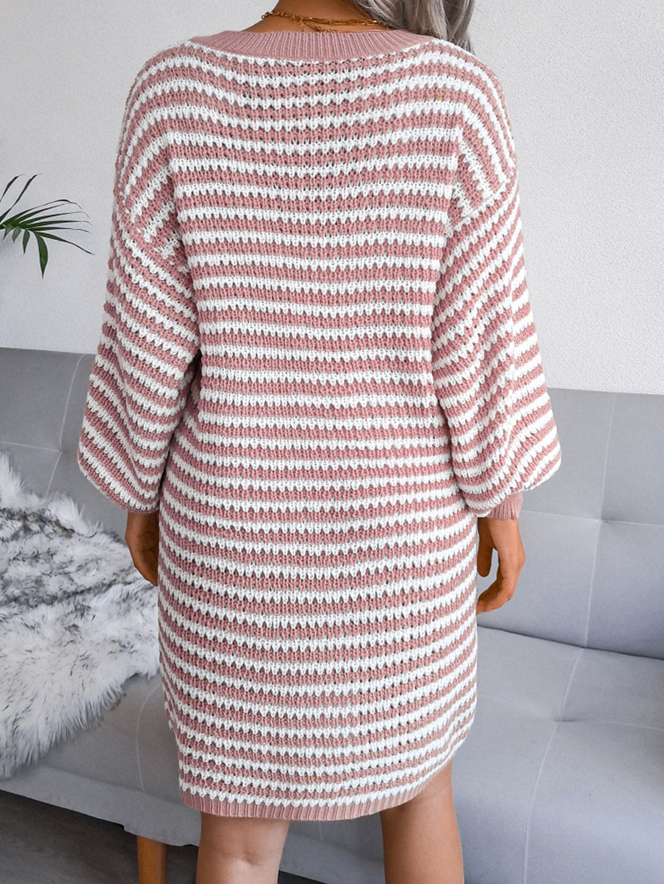 V Neck Bishop Sleeve Striped Sweater Dress