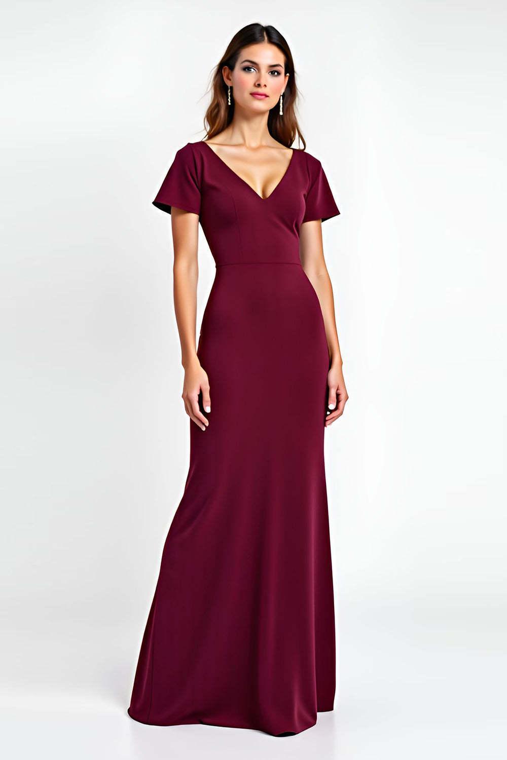 V-Neck Burgundy Wedding Guest Dress Short Sleeves Long Formal Dress