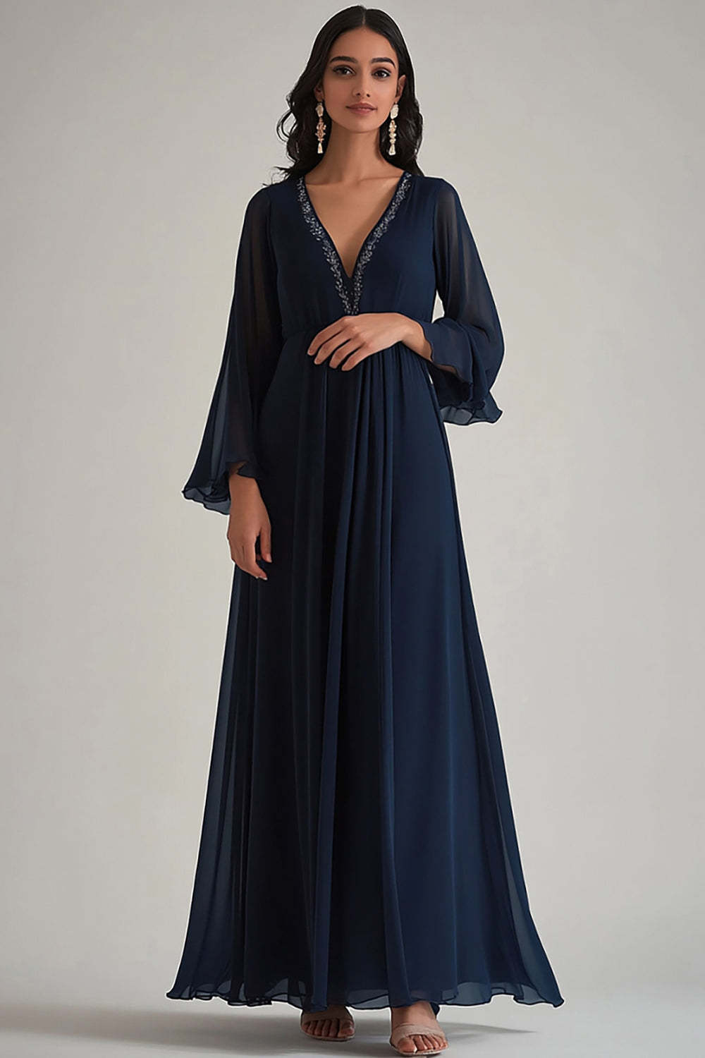 V-Neck Chiffon Navy Wedding Guest Dress Deep Long Formal Dress With Sleeves
