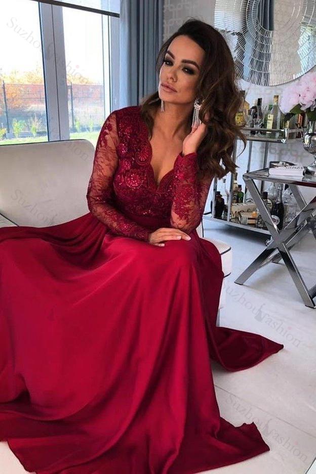 V Neck Long Sleeve Wedding Guest Dress Lace A Line Long Evening Formal Dress With Side Split