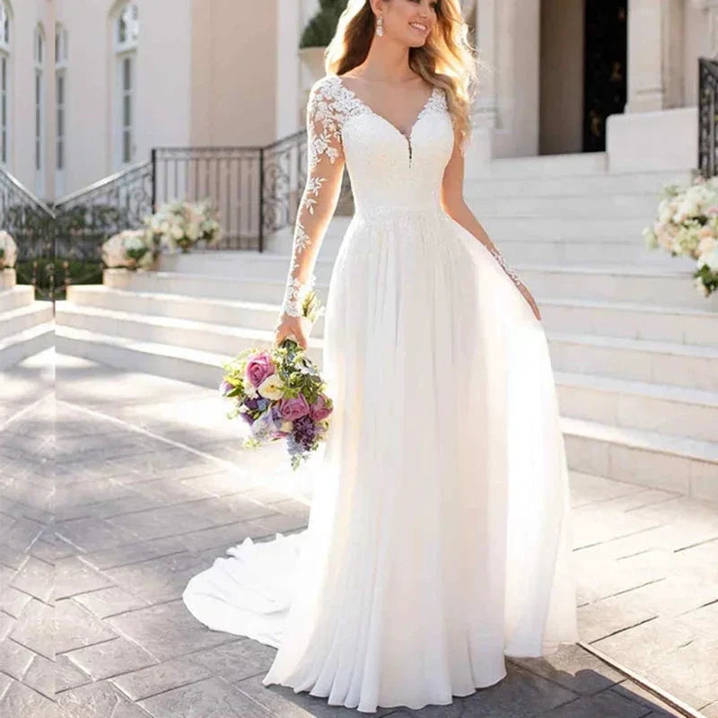 V Neck Long Sleeves Wedding Dresses Open Back White Lace Applique Bridal Dress For Wedding Party Country Vestido De Novia A-line (ZD13556)