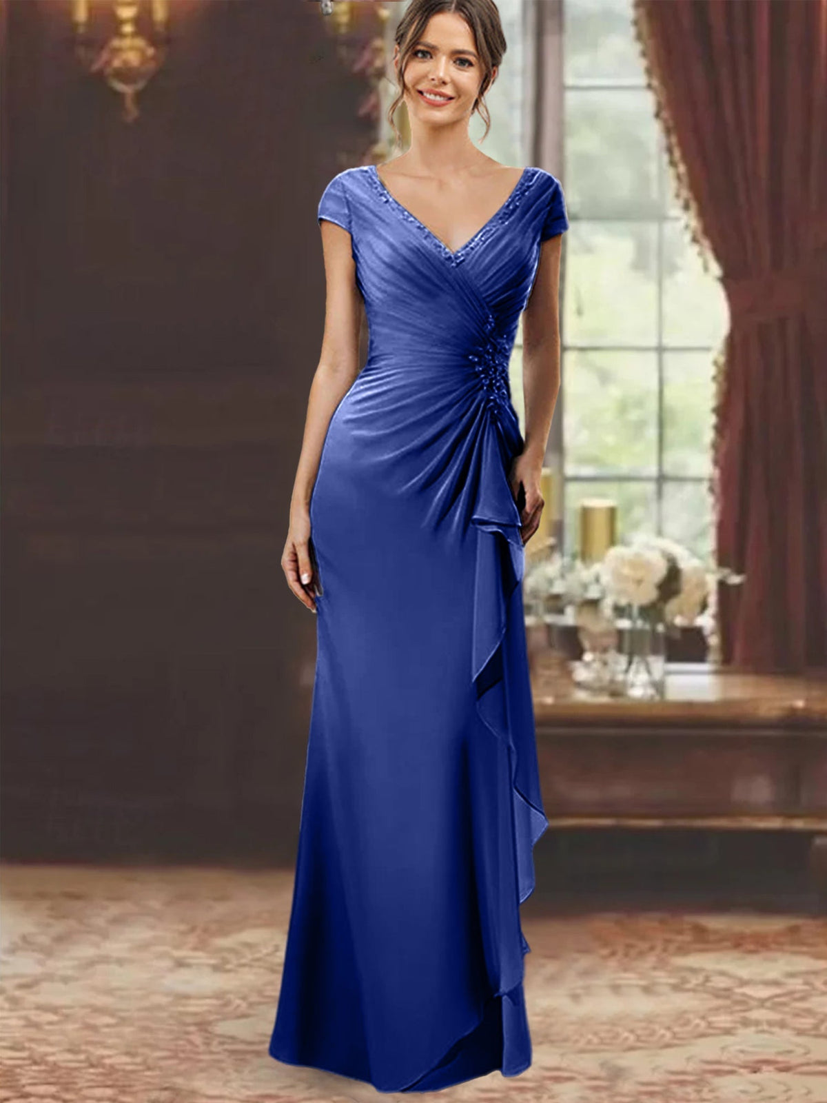 V Neck Short Sleeve Long Sheath Dress for the Mother of the Bride with Ruffles and Appliques