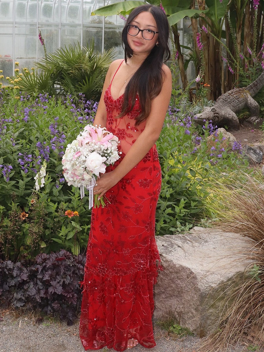 V-Neck Beaded Tiered Long Prom Dress