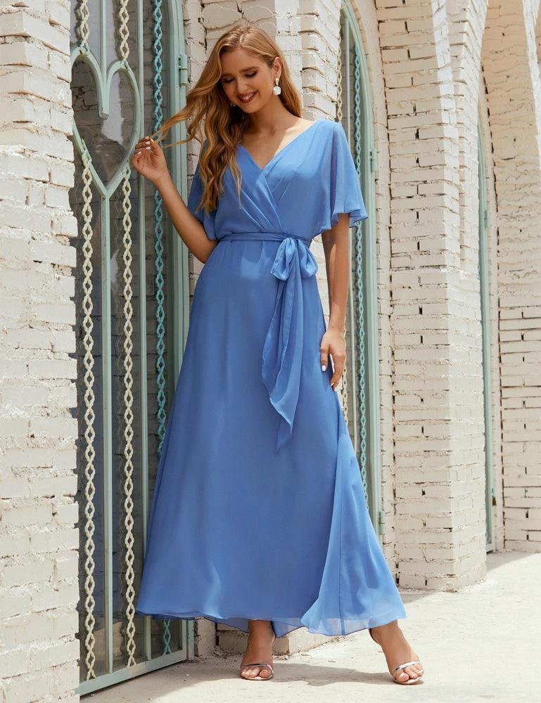 Numbersea V-Neck Bridesmaid Dress Long Formal Dresses with Belt for 28022 by numbersea