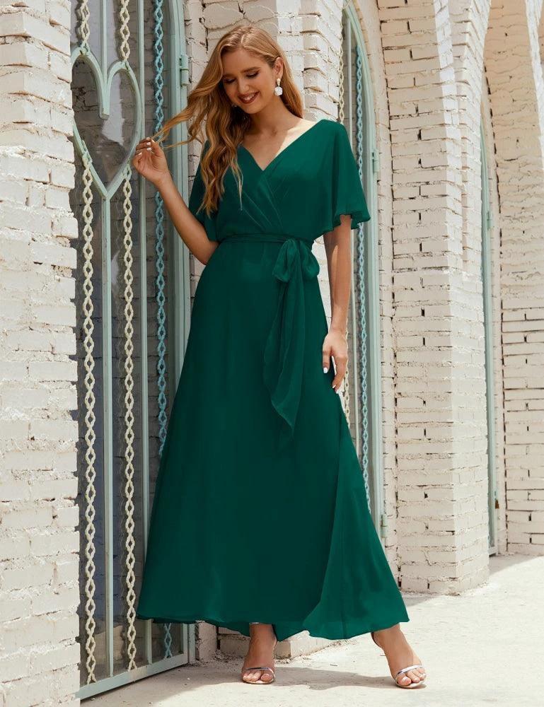 Numbersea V-Neck Bridesmaid Dress Long Formal Dresses with Belt for 28022 by numbersea