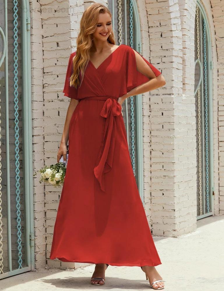 ZapDress V-Neck Bridesmaid Dress Long Formal Dresses with Belt for 28022 (ZD17051)