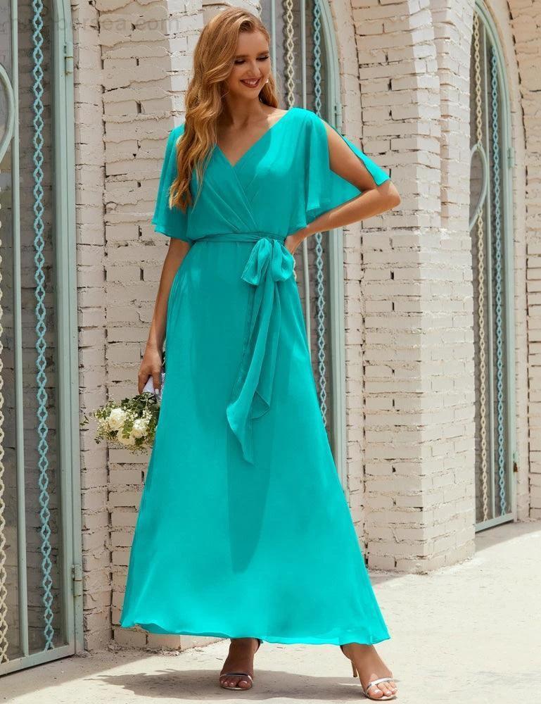 ZapDress V-Neck Bridesmaid Dress Long Formal Dresses with Belt for 28022 (ZD17051)