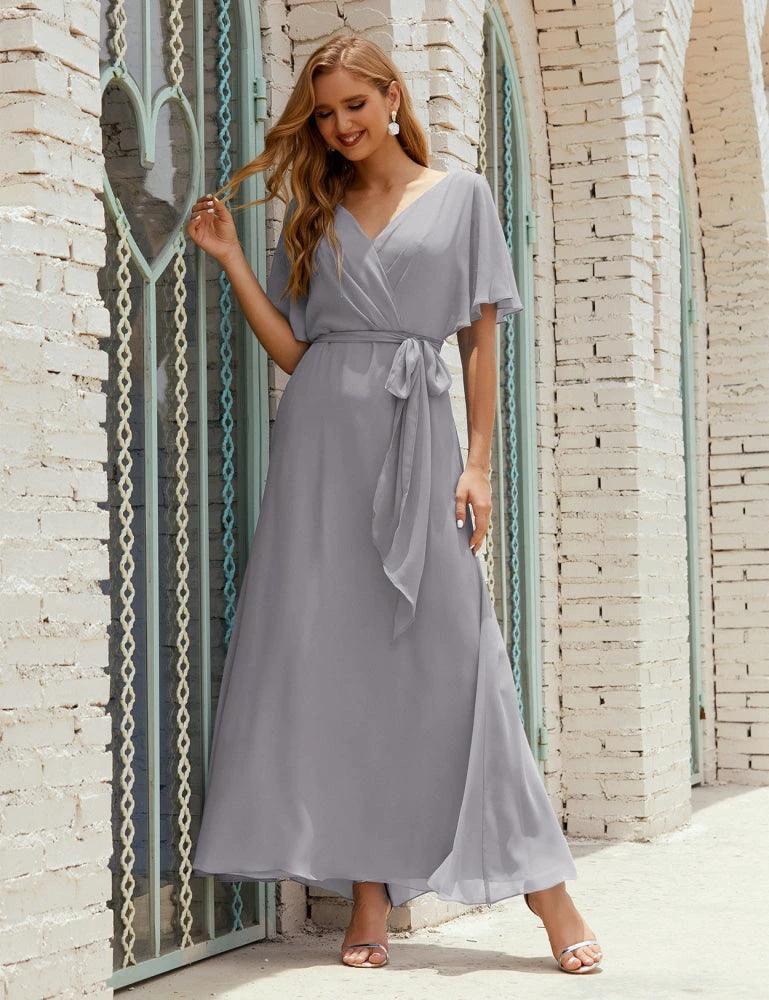 Numbersea V-Neck Bridesmaid Dress Long Formal Dresses with Belt for 28022 by numbersea