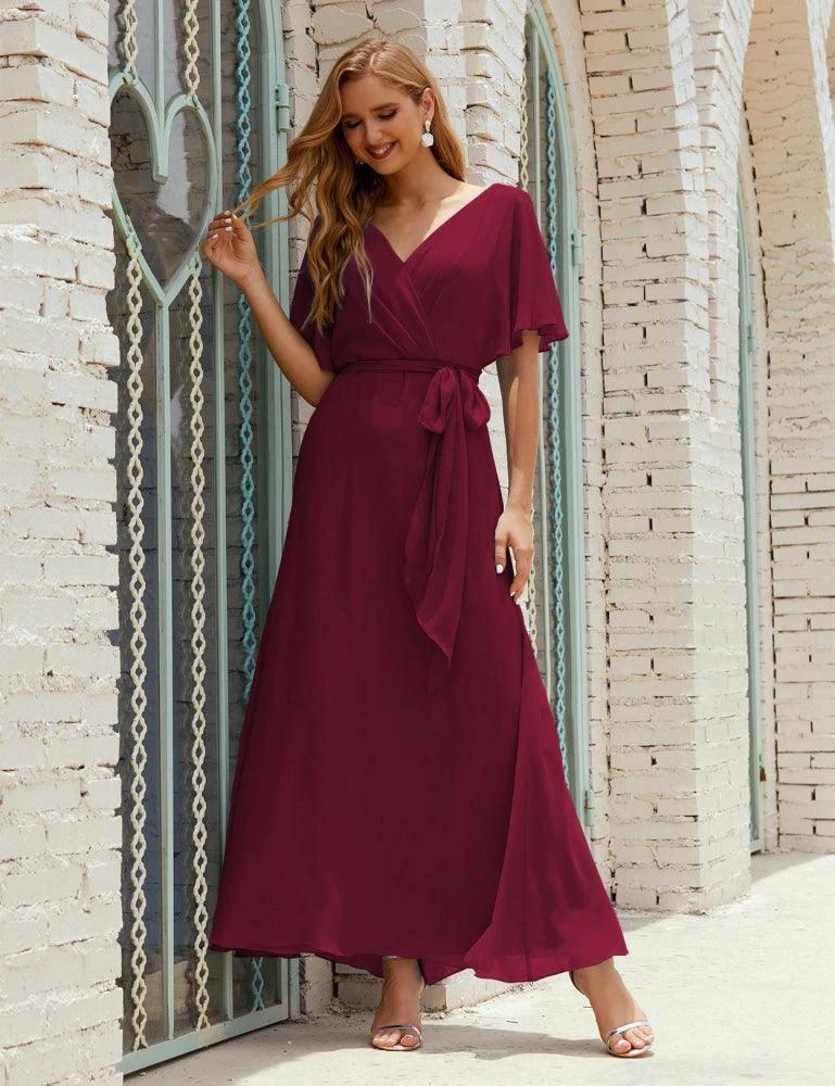 Numbersea V-Neck Bridesmaid Dress Long Formal Dresses with Belt for 28022 by numbersea