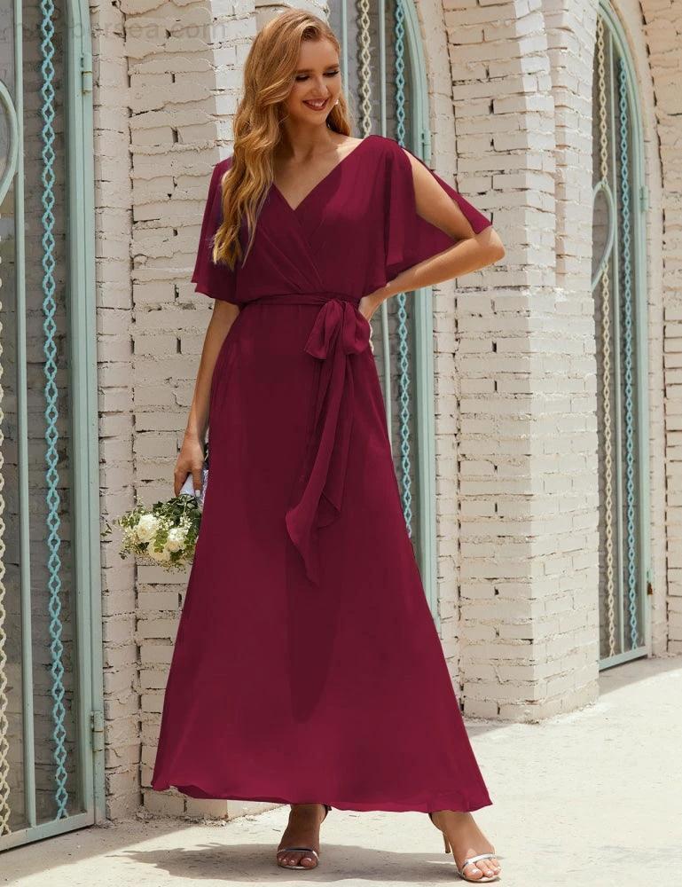 ZapDress V-Neck Bridesmaid Dress Long Formal Dresses with Belt for 28022 (ZD17051)