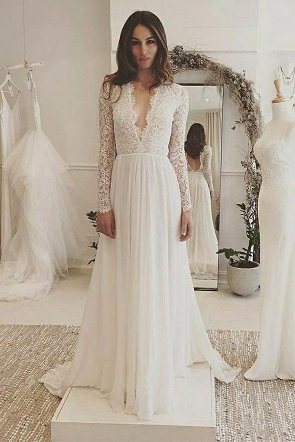 V-Neck Long Sleeves Backless Ivory Chiffon Wedding Dress with Lace (ZD16288)