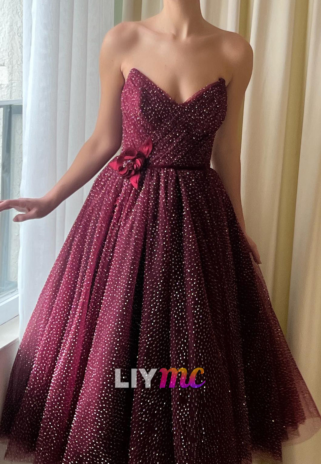 V-Neck Straps Floral Pleated Prom Dress A-Line Party Dress